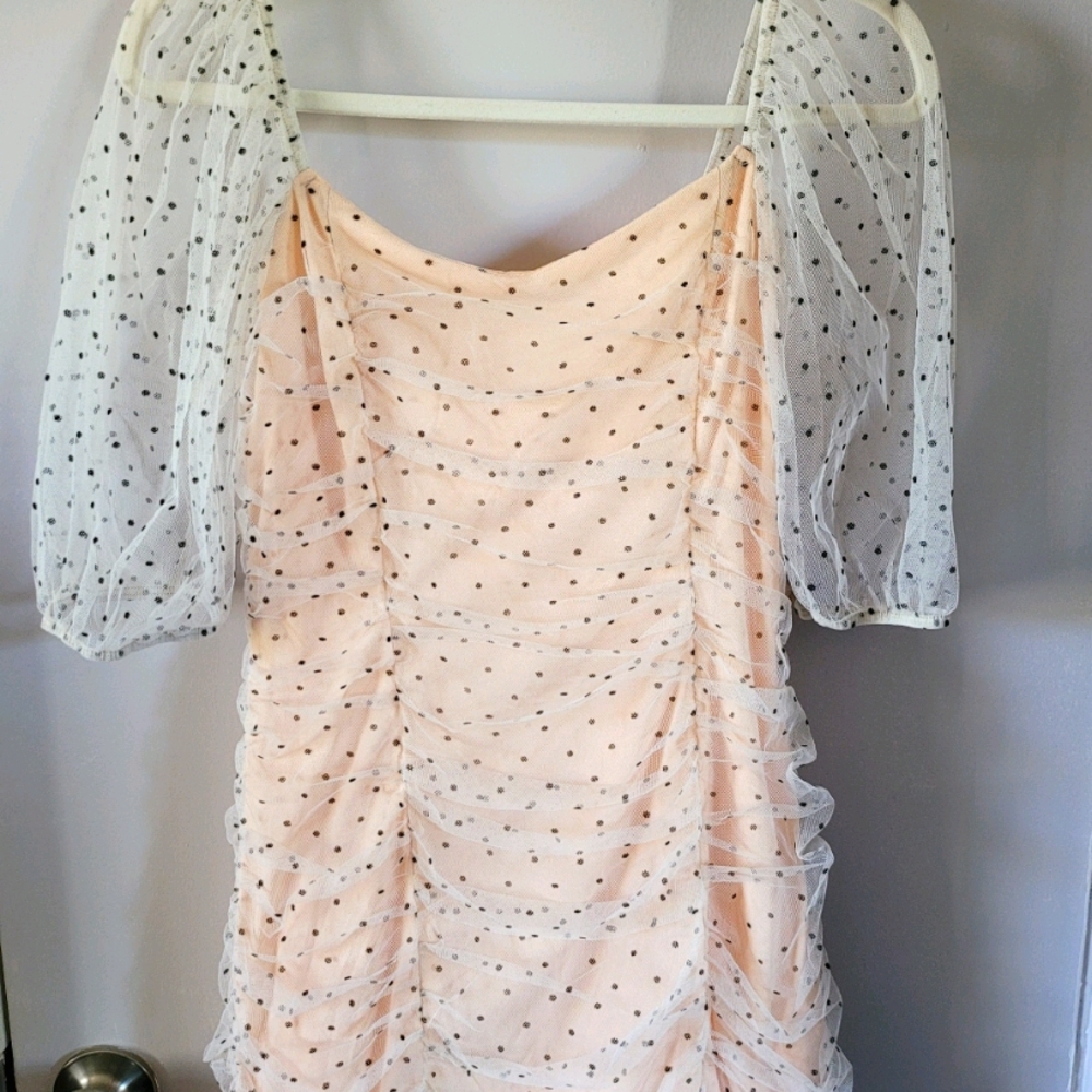 Off shoulder ruched polka dot bodycon